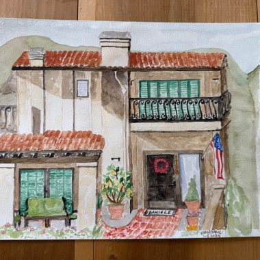 Watercolor painting of Diana Daniele's smoke-damaged house in Pacific Palisades before the fire.