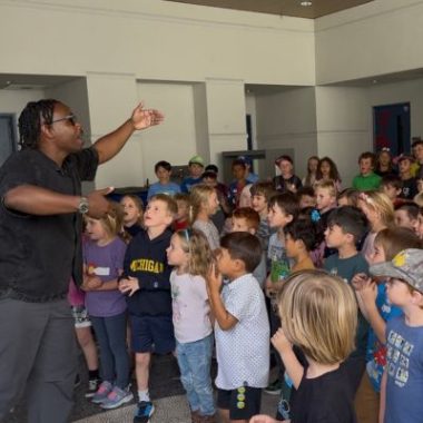 Teaching artist Jason Shepherd leading music education with students at P.S. Arts in Los Angeles