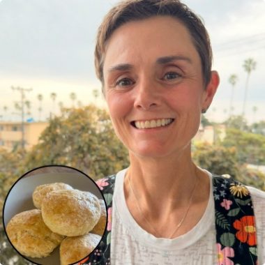 Author and pastry chef Michelle Christensen in a floral jumpsuit, with an inset photo of her freshly baked lemon scones.
