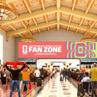 Fans gather inside Los Angeles Union Station for a World Cup fan zone featuring large-screen match viewing, entertainment and family-friendly activities.